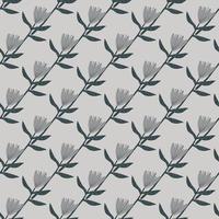 Seamless botanic pattern with tulip diagonal silhouettes. Light grey background. Simple backdrop in pale tones. vector