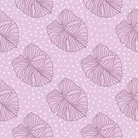 Seamless monstera leaves outline pattern in tender style. Lilac contoured foliage shapes with pink dotted background. vector