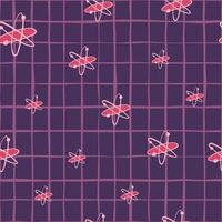 Random seamless pattern with doodle pink molecules shapes. Dna formula print on purple chequered background. vector