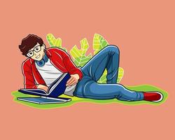 Male student reading a book on the grass vector illustration free download