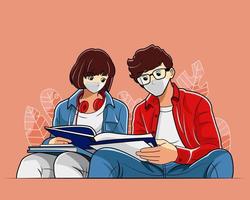 Male and female students reading a book together vector illustration pro download