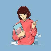 Girl students smile and pointing to empty blue space vector illustration free download