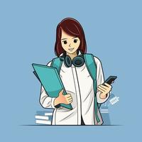 Girl students smile  with backpack and headphones holding books and cellphone vector illustration free download