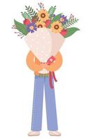 Man with a bouquet of flowers. Congratulations happy birthday, Valentine's Day and International Women's Day. Flat vector illustration on a white background