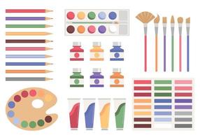 Paint arts tool kit. Artists supplies, palette, painting brush and draw materials. Set of artistic materials isolated on white background. vector