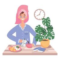 niña sonriente con una toalla en la cabeza preparando el desayuno. café, huevos fritos y croissant. el concepto de rutina matutina. vector