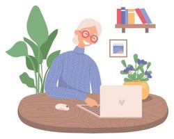 A grandmother using the laptop computer. Cute old woman working on laptop computer at home. Modern technology and old people. vector