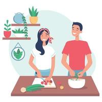 Young loving couple cooking together on kitchen. Family preparing healthy meal. Household of husband and wife. Flat vector illustration on a white background.