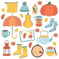Vector set of autumn icons pumpkins falling leaves jam honey candle herbarium cup and teapot. Isolated onn white background.