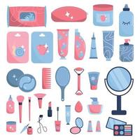 Big set of various cosmetics. Skin care routine icons. Flat design. Beauty routine. vector