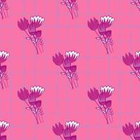 Summer seamless doodle pattern with botanic tulip bouquet in pink and purple colors. Background with check. vector