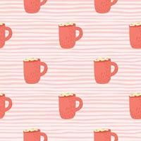 Cartoon seamless xmas pattern with hygge pink cocoa cup with marshmallow. Striped background. vector