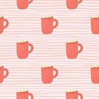 Cartoon seamless xmas pattern with hygge pink cocoa cup with marshmallow. Striped background. vector