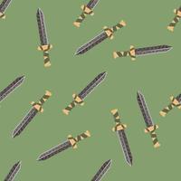 Hand drawn seamless doodle pattern with sword simple silhouettes. Green olive background. Ancient battle backdrop. vector