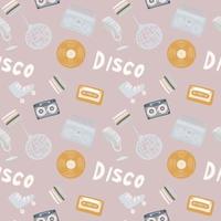 Seamless disco pattern with ball, microphone, rollers, cassette, tape recorder, vinyl, records silhouettes. 90s artwork in blue and pink pastel tones. vector