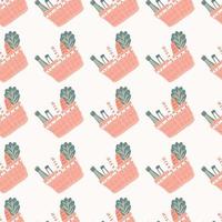 Isolated seamless pattern with pink colored basket. Products for picnic on white background. vector
