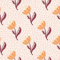 Hand drawn decorative seamless pattern with orange tulip flowers print. Dotted pastel background. Floral backdrop. vector