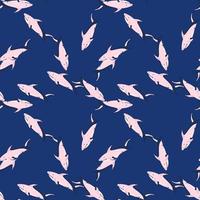 Pink colored shark ornament seamless doodle pattern in random style. Navy blue background. Cute print. vector