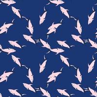 Pink colored shark ornament seamless doodle pattern in random style. Navy blue background. Cute print. vector