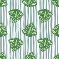 Seamless pattern with bright green abstract folk monstera shapes ornament. Blue and white striped background. vector