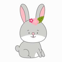 Sitting rabbit vector illustration. Cute animal in flat style. Pastel pink and grey colours. Hare kids childish design. Nursery funny bunny illustration for babies. Wildlife animal character.