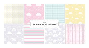 Set of vector background. Cloud, rainbow, heart, rain, sun, moon, water, drops. Pack of childhood seamless patterns. For printing on paper and fabric.