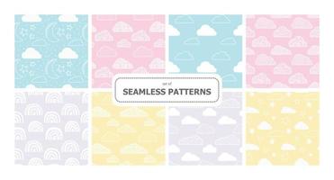 Set of vector background. Cloud, rainbow, heart, rain, sun, moon, water, drops. Pack of childhood seamless patterns. For printing on paper and fabric.