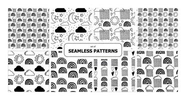 conjunto de antecedentes vectoriales. nube, arco iris, corazón, lluvia, sol, luna, agua, gotas. paquete de patrones sin fisuras de la infancia. para imprimir en papel y tela. vector