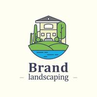 logotipo de paisajismo con árbol, río y casa vector