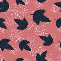 Seamless random pattern with navy blue autumn leaves ornament. Pink background with splashes. vector