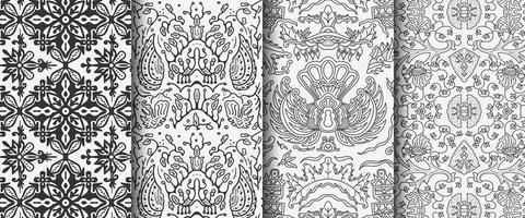 Various batik seamless pattern one color. ethnic monoline pattern for background vector