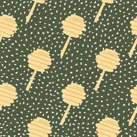 Minimalistic seamless pattern with doodle honey spoon silhouettes. Green olive background with dots. vector