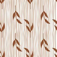 Doodle brown scandi leaf branches silhouettes seamless pattern. Striped pink and white background. vector