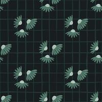 Diagonal abstract chamomile flowers ornament seamless doodle pattern. Black background with check. vector