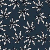 Seamless hand drawn pattern with outlined white sheet print. Cannabis leaves with dark contour on navy blue background. vector