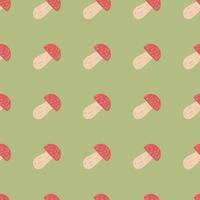 Red fungus mushroom seamless pattern in simple doodle style. Green pastel background. vector