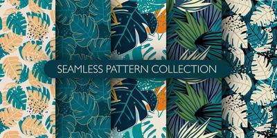 Set of jungle exotic leaves seamless pattern. Hand drawn tropical leaf wallpaper. Creative botanical vector illustration.