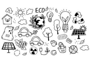 concepto de ecología. iconos lineales estilo vector ilustración garabato dibujo aislado sobre fondo blanco. sin plástico, vaya verde, cero conceptos de desperdicio. reducir, reutilizar, rechazar, estilo de vida ecológico