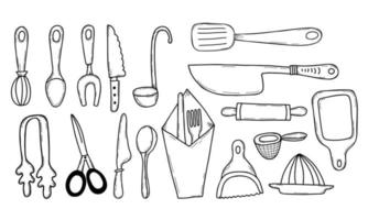 conjunto de iconos de cocina. líneas utensilios y electrodomésticos de cocina, utensilios de cocina, cuchara, cuchillos y tijeras, artículos para servir. ilustración vectorial en estilo de garabato manual. elementos aislados para el diseño y la decoración. vector