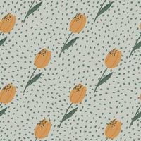 Simple hand drawn seamless pattern with orange tulip buds and green stems. Grey dotted background. vector