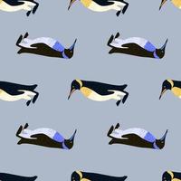 Childish cartoon seamless pattern with hand drawn penguins ornament print. Blue background. vector