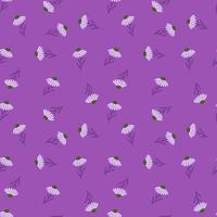 Hand drawn bloom seamless pattern with random little chamomile flowers shapes. Purple pastel background. vector