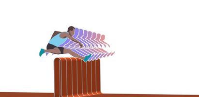 Male athlete jumping over an abstract hurdle of running track. vector