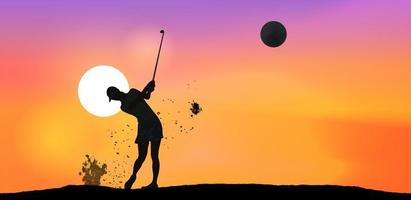 Silhouette female golfer playing golf with splashed dust at sunset.