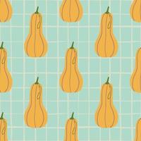 Autumn food pumpkin doodle seamless pattern. Blue background with check and light orange vegetable elements. vector