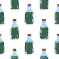 patrón de garabato sin costuras de botella médica aislada. simple adorno líquido en tonos verdes y azules. vector