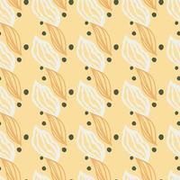 Summer floral seamless pattern with white and orange outline leafs. Yellow background with dots. vector