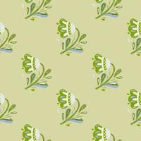 Seamless botanic pattern with green colored folk flower silhouettes print. vector