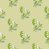 Seamless botanic pattern with green colored folk flower silhouettes print. vector