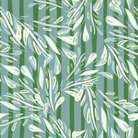 Vintage seamless doodle pattern with abstract white foliage print. Striped blue and green background. Simple style. vector